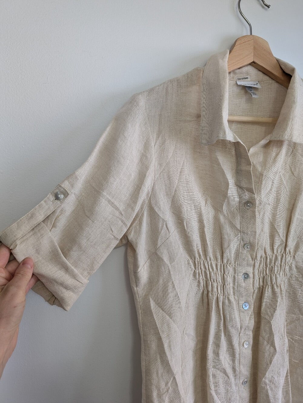 Harve Benard Small Linen Blouse Button Down 3/4 Shirt Cream Collar Top Boho